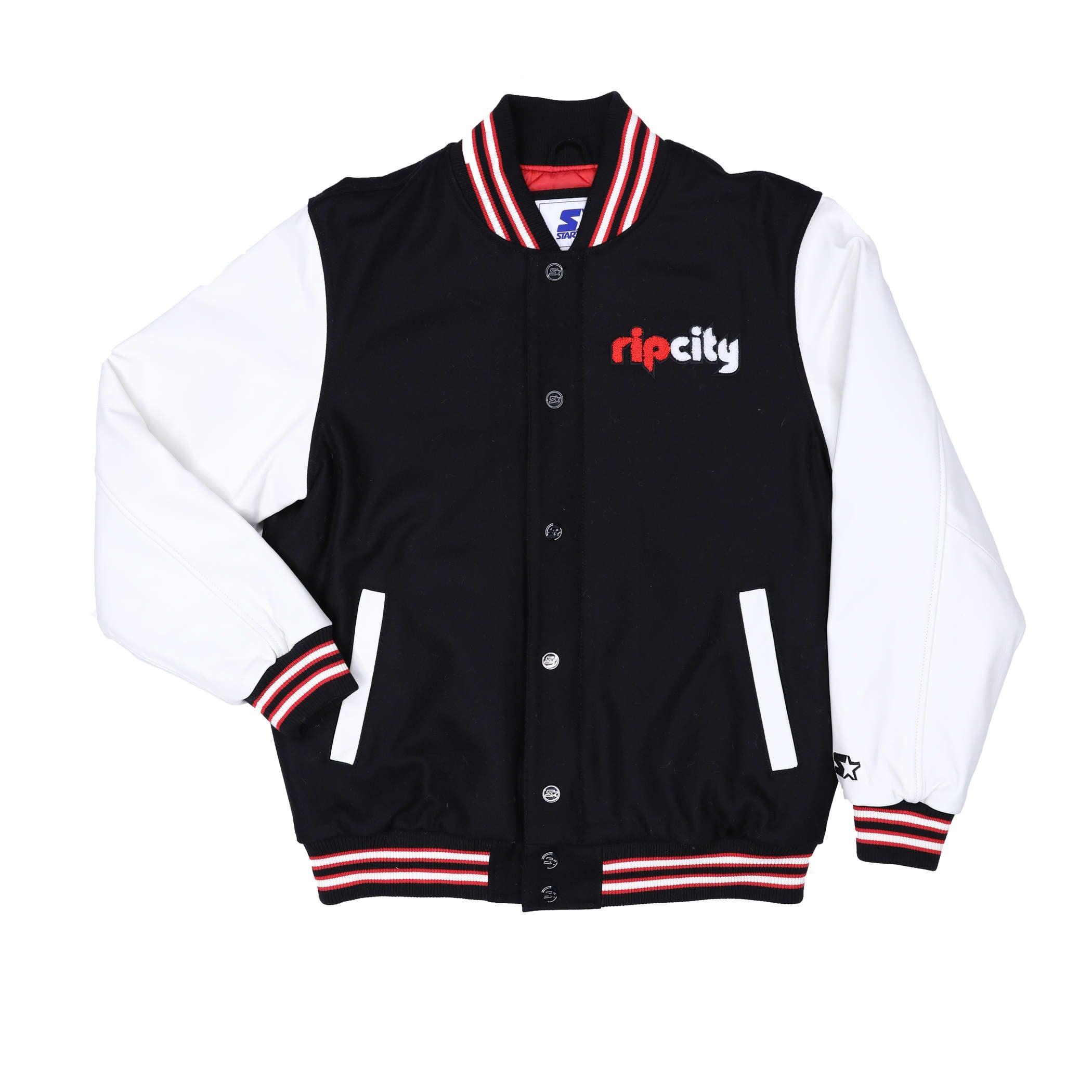 Starter Prospect Retro Varsity Jacket Black Wool Blend With White Leather Sleeves